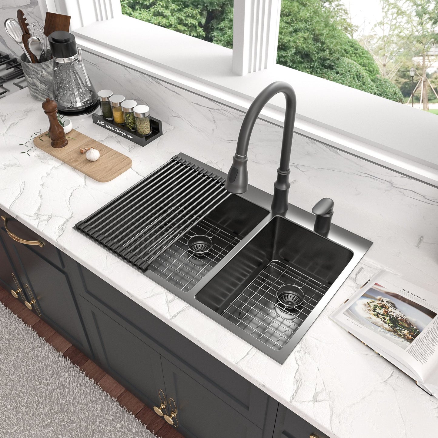 33 Inch Kitchen Sink Drop-in Topmount Sink 16 Gauge Double Bowl 50/50 Gunmetal Black Stainless Steel Sink with Strainer