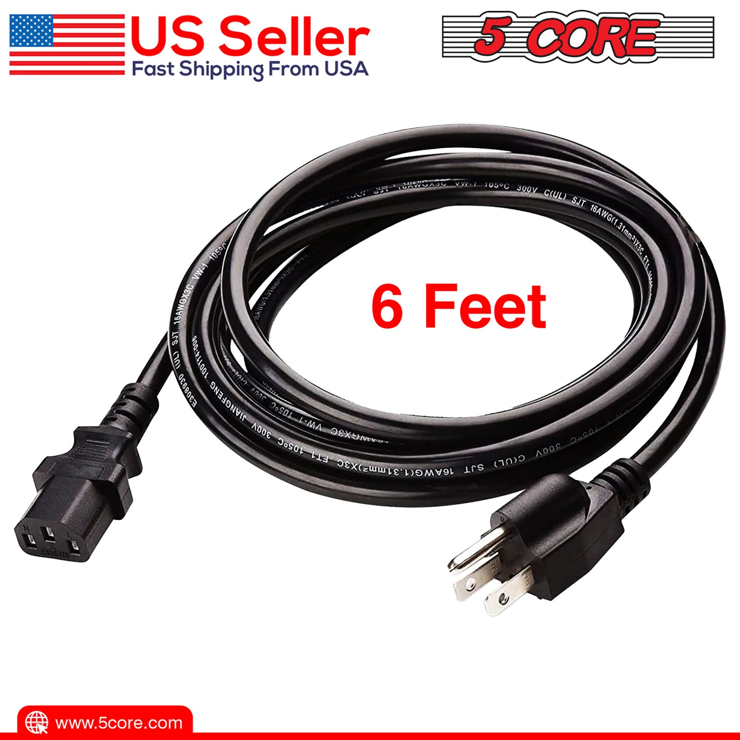 5 Core 6 Feet 3 Prong Replacement AC Wall Power Cord for LCD Computer Monitor PS3 Premium Quality Copper Wire - PC 1001