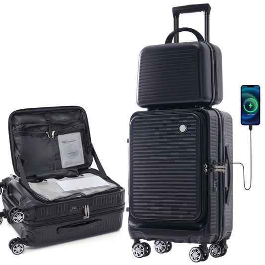 Carry-on Luggage 20 Inch Front Open Luggage Lightweight Suitcase with Front Pocket and USB Port, 1 Portable Carrying Case