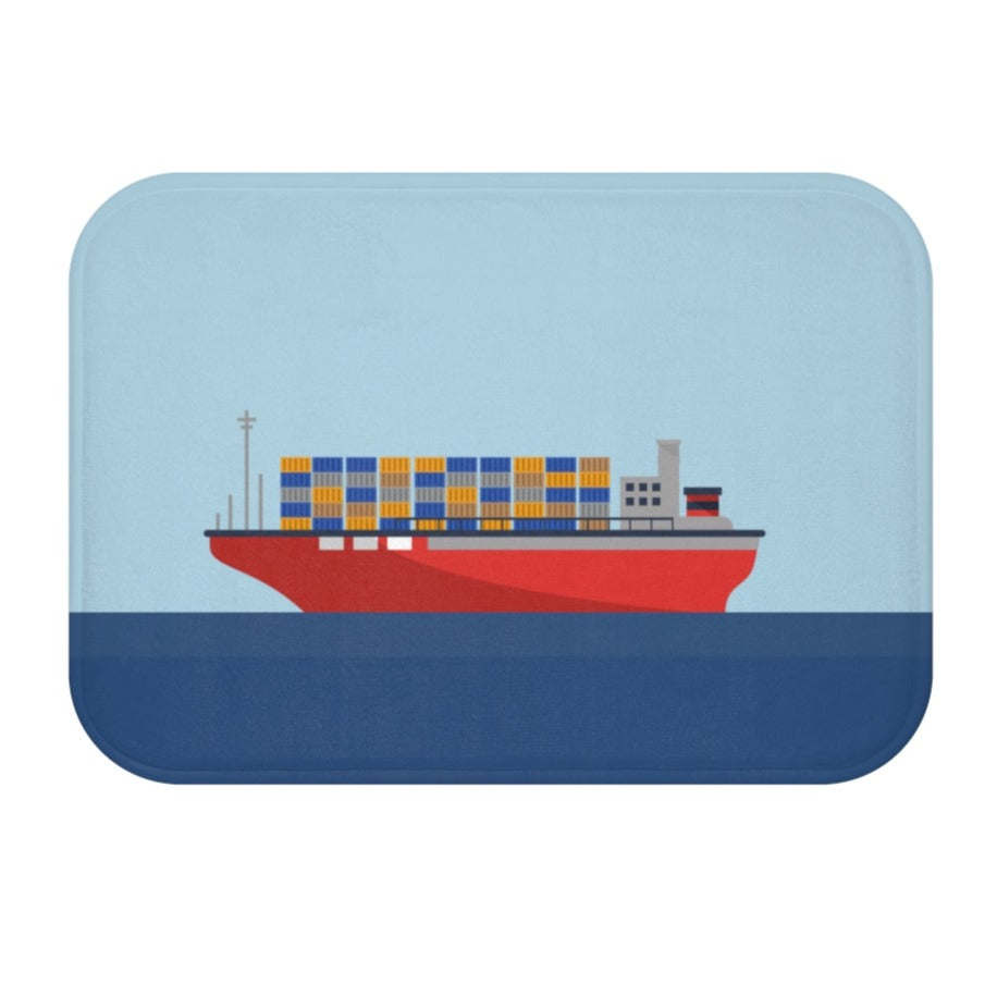 Cargo Ship with Containers in the Ocean Bath Mat