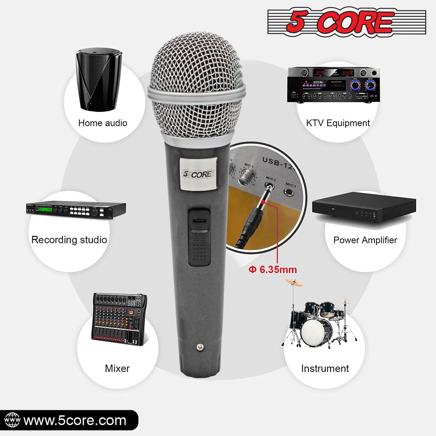 5 Core Microphone XLR Dynamic Mic Karaoke Singing Handheld Microfono Wired Professional Unidirectional 1/4 Plug In Cord Connection for Vocal DJ Music - PM 18