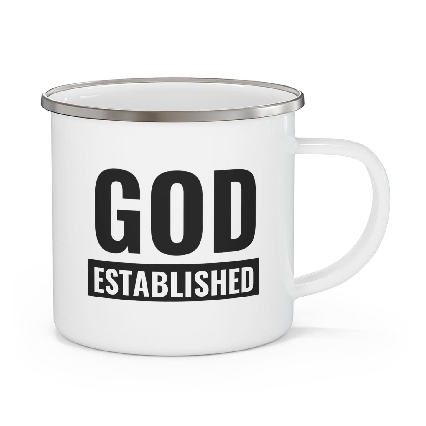 Enamel Camping Mug, God Established Black Illustration