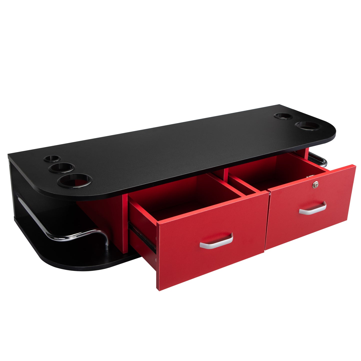 Classic Wall Mounted Beauty Salon, Barber Styling Station, Salon Equipment with Locking 2 Drawers, Black+Red