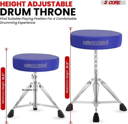 5Core Drum Throne Adjustable Guitar Stool Padded Seat + Drum Practice Pad Snare Drumming Stand - DS CH BLU + DPAD COMBO BLU