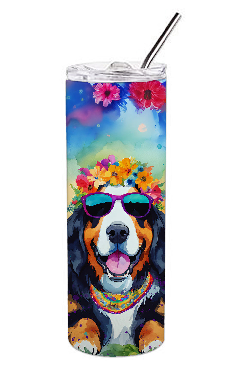 Bernese Mountain Dog Hippie Dawg Stainless Steel Skinny Tumbler Vacuum Double Walled Reusable Insulated Tumbler Travel Cup for Coffee Cocktails Gift with Lid, 20 oz