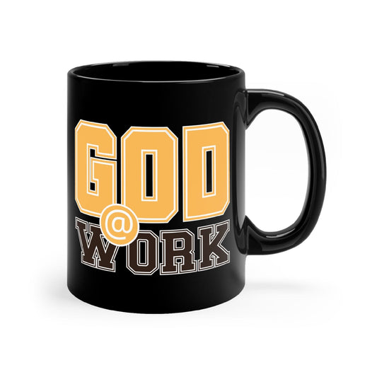 Black Ceramic Mug - 11oz, God @ Work Golden Yellow And Brown Print