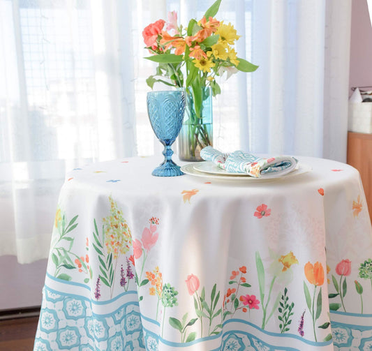 Floral Coloring Round Easter Tablecloth Non Iron Stain Resistant Table Cover Diameter 60 inch