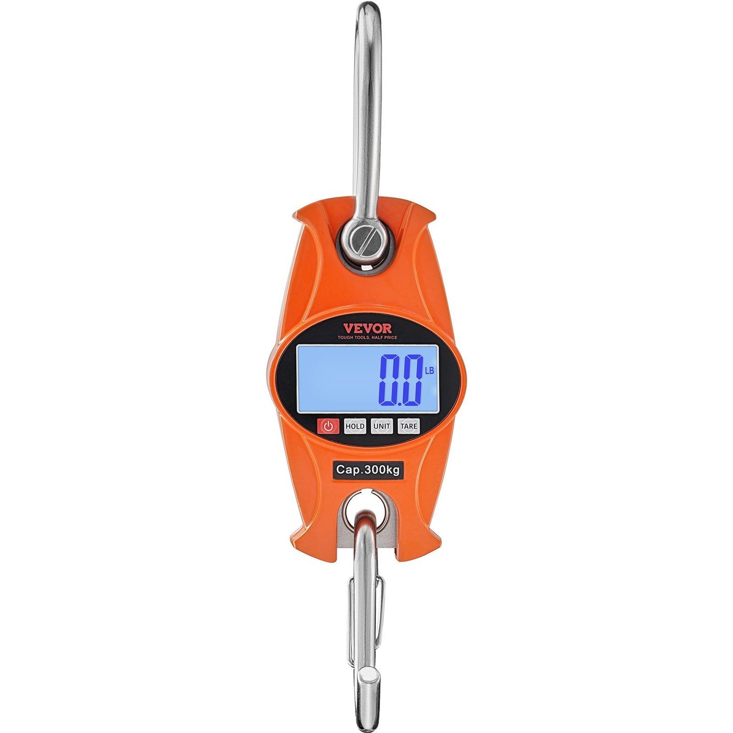 VEVOR Digital Crane Scale, 660 lbs/300 kg, Industrial Heavy Duty Hanging Scale with Cast Aluminum Case & LCD Screen, Handheld Mini Crane with Hooks for Farm, Hunting, Fishing, Outdoor, Garage (Orange)