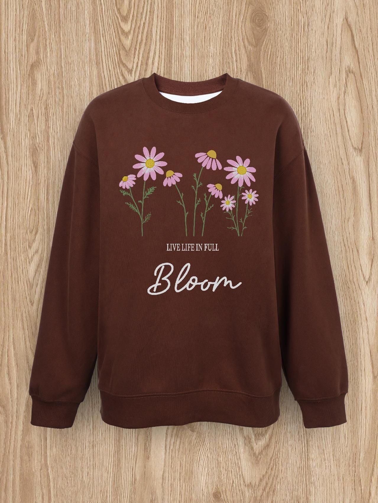 Women Basic Casual Pullover Spring Autumn Long Sleeve Daisy Letters Printed Round Neck Black