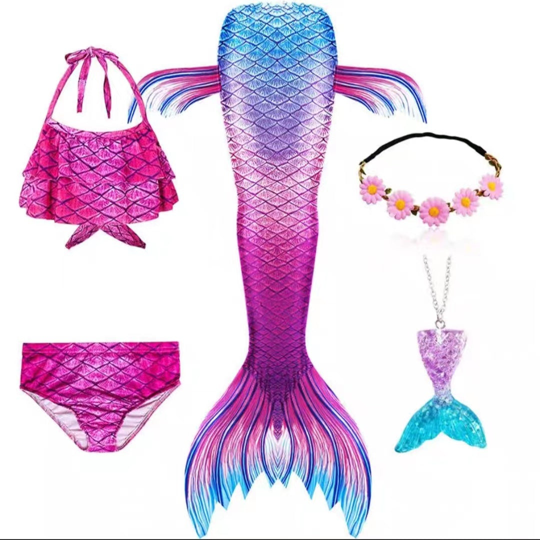 5pcs/set Girls Mermaid Tail Swimsuit Children Mermaid Ariel Cosplay Costume Fantasy Beach Bikini