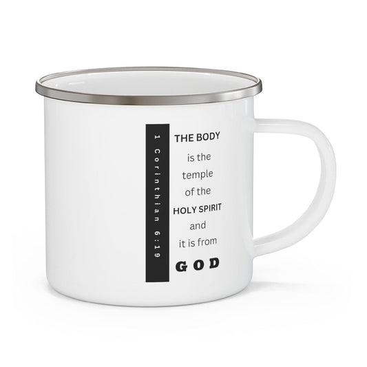 Enamel Camping Mug, The Body Is The Temple Of The Holy Spirit - Scripture Verse, Black