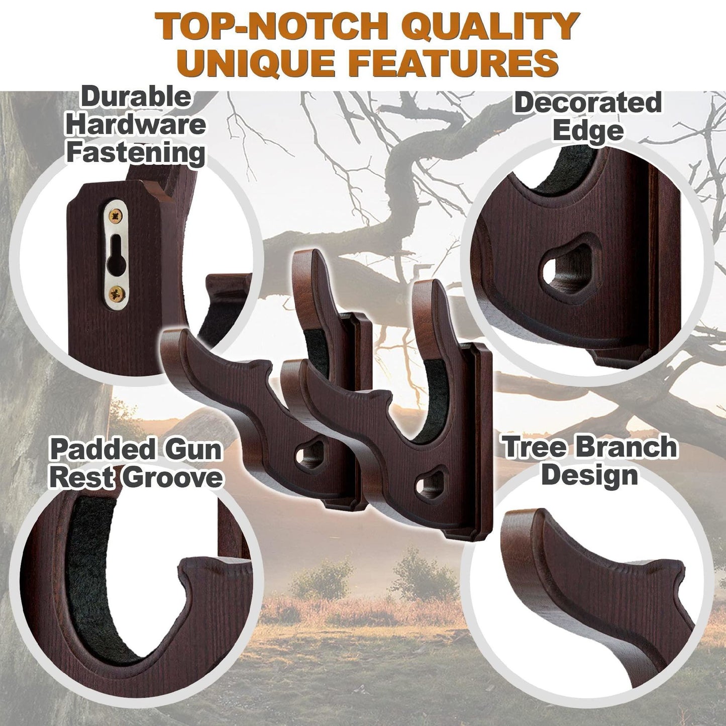 Gun Rack Wall Mount Hold Up Displays Horizontal Gun Rack and Shotgun Hooks Store Rifle Shotgun Bow Real Hardwood Hanger Brown