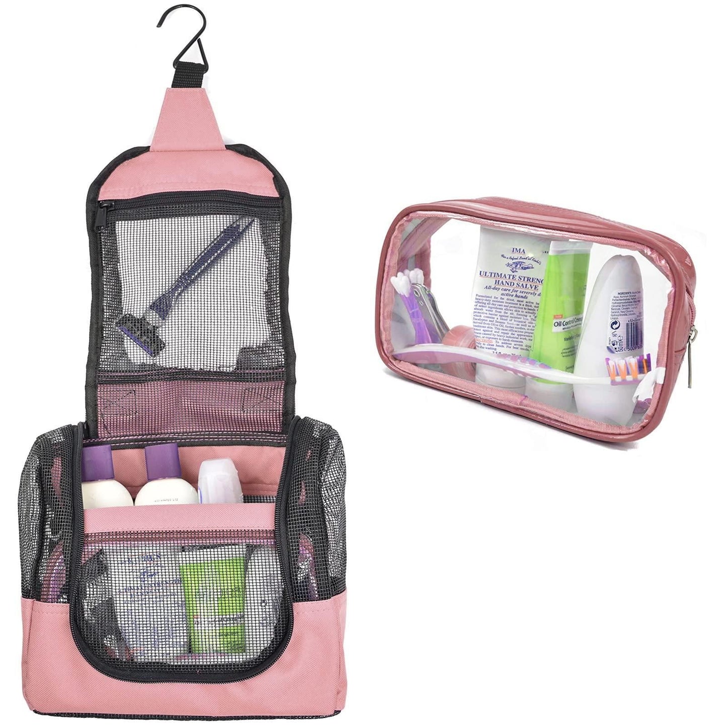 Portable Hanging Shower Caddy Organizer with 1 Free Toiletries Case Quick Dry Mesh Shower Caddy Tote Bag Included 1 Metal Hook Perfect for Dorm Camp Travel Gym Pink