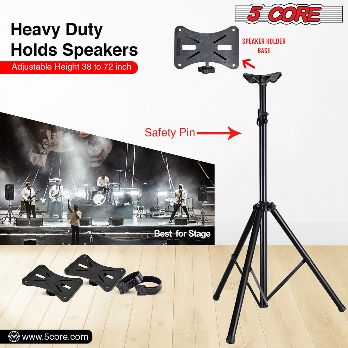 5 Core Speaker Stand Tripod Pair Tall Height Adjustable Heavy Duty DJ Light Floor Stands Universal 35mm Pole Mount PA Studio Monitor Large Subwoofer Support - - SS HD 2PK BLK BAG