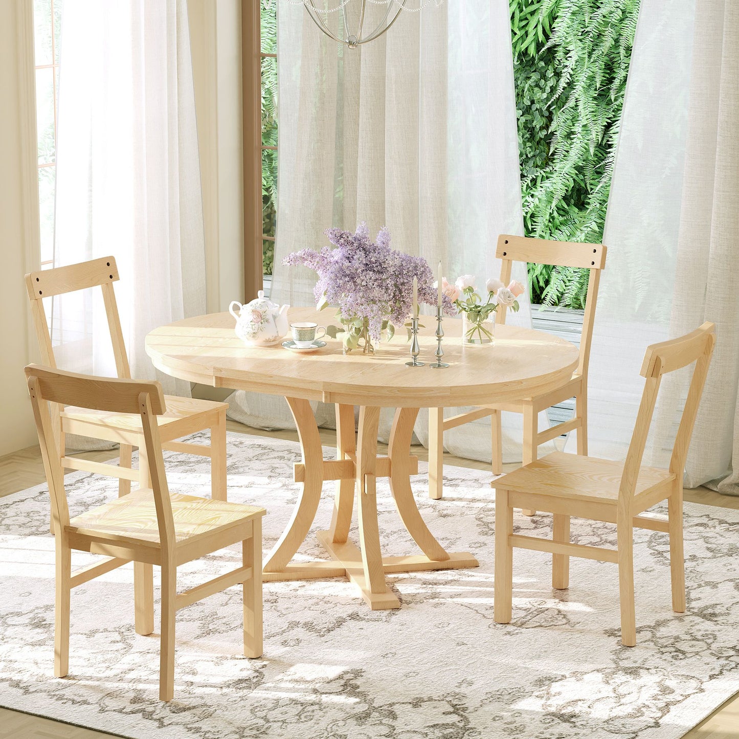 5-Piece Rustic Round Pedestal Extendable Dining Table Set with 15.7\" Removable Leaf and Simple Dining Chirs for Small Places