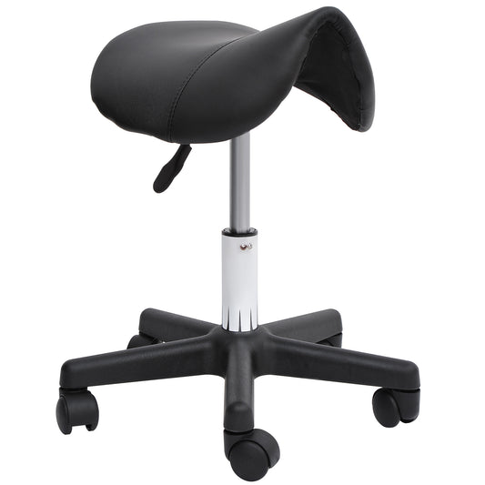 Rolling Saddle Stool, Swivel Salon Chair, Ergonomic Faux Leather Stool, Adjustable Height with Wheels for Spa, Salon, Massage, Office, Black