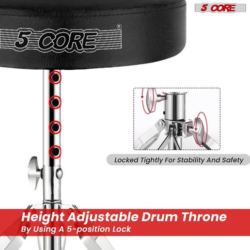 5 Core Drum Throne Adjustable Guitar Stool Padded Seat + Drum Practice Pad Snare Drumming Stand - DS CH BLK + DPAD COMBO BLK