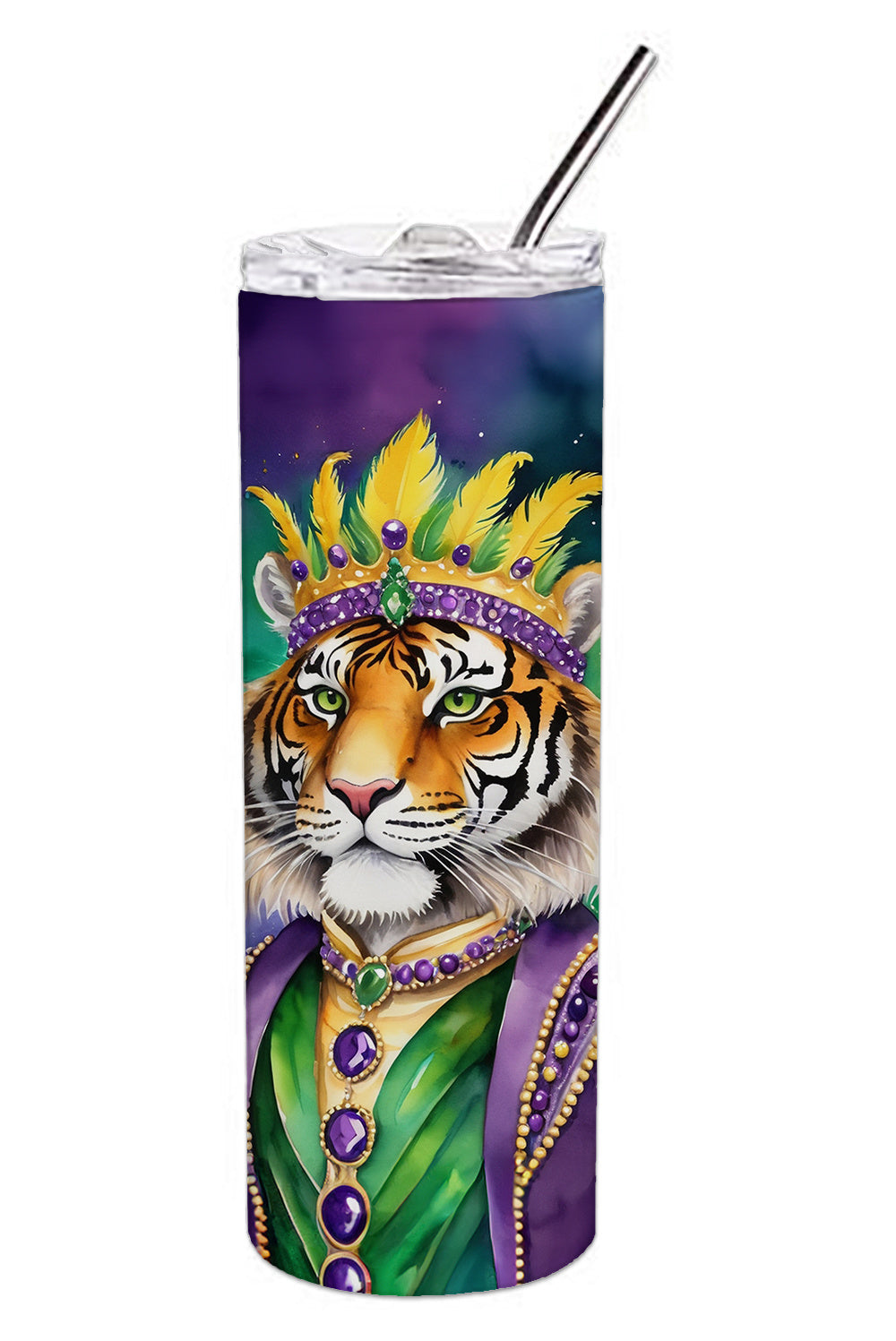 Tiger the King of Mardi Gras Stainless Steel Skinny Tumbler Vacuum Double Walled Reusable Insulated Tumbler Travel Cup for Coffee Cocktails Gift with Lid, 20 oz