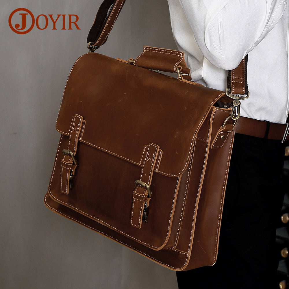 JOYIR Men Business Briefcase Crazy Horse Leather Shoulder Portfolio 15.6" 17" Laptop Messenger Shoulder Business Office Handbag