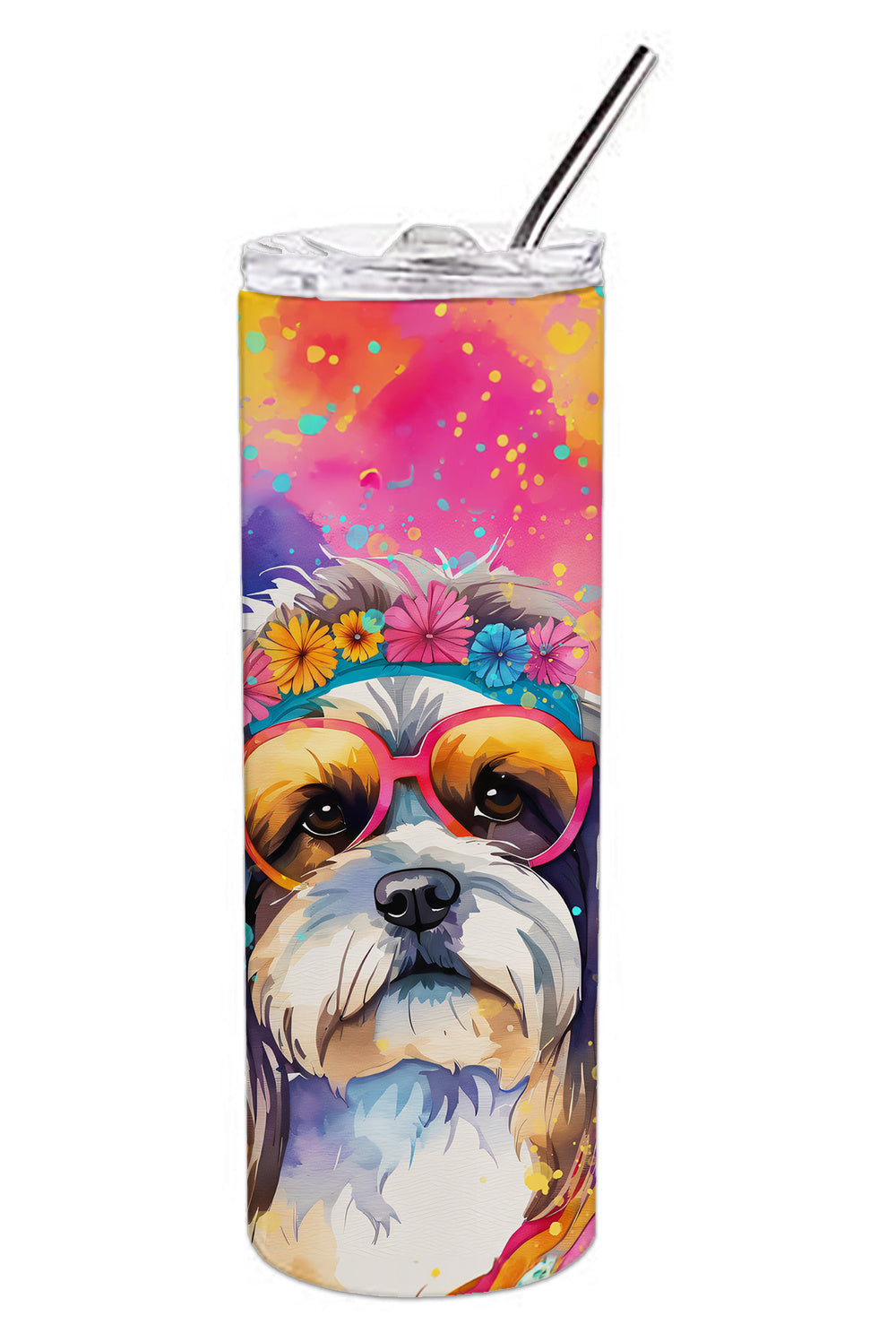 Shih Tzu Hippie Dawg Stainless Steel Skinny Tumbler Vacuum Double Walled Reusable Insulated Tumbler Travel Cup for Coffee Cocktails Gift with Lid, 20 oz