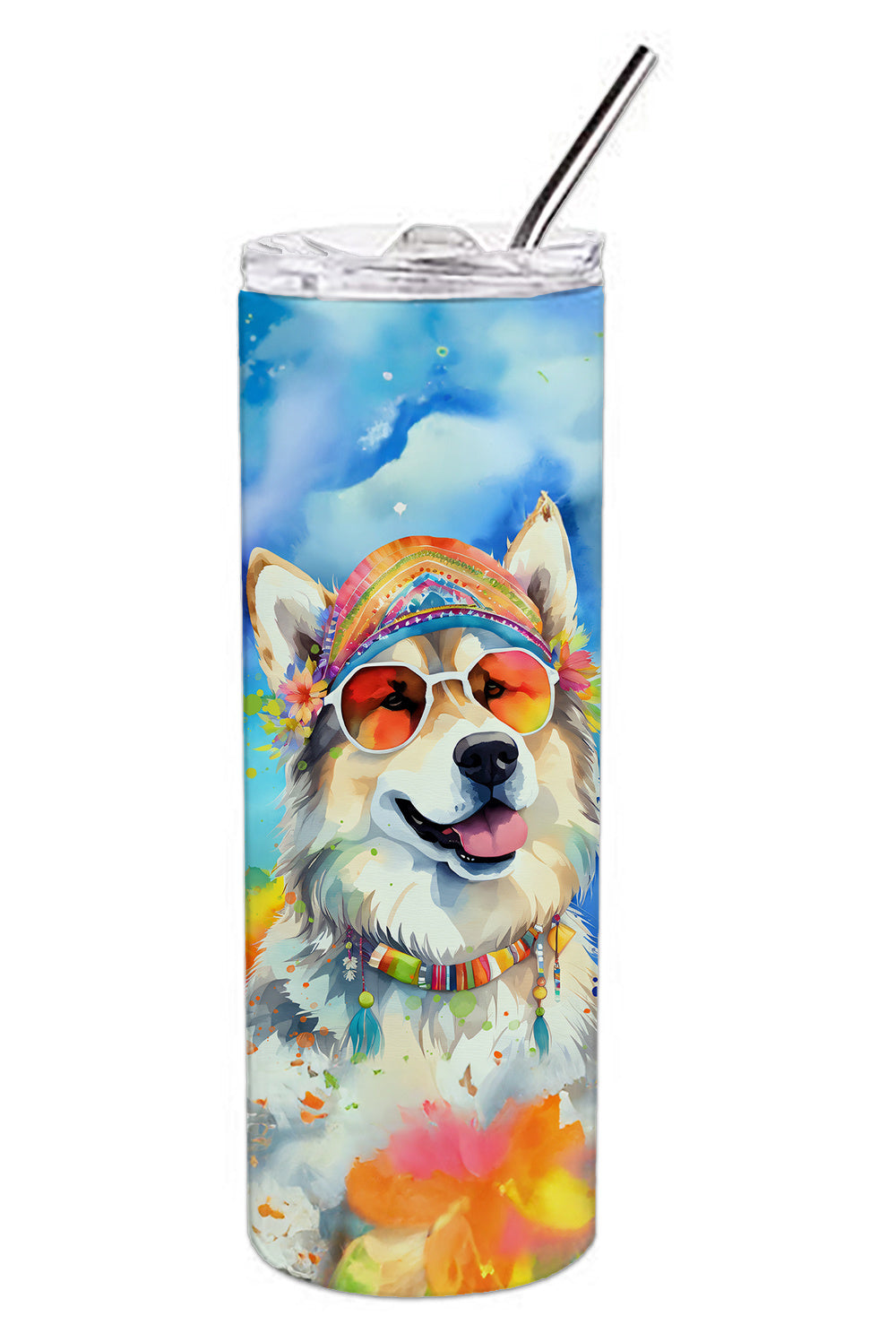 Alaskan Malamute Hippie Dawg Stainless Steel Skinny Tumbler Vacuum Double Walled Reusable Insulated Tumbler Travel Cup for Coffee Cocktails Gift with Lid, 20 oz