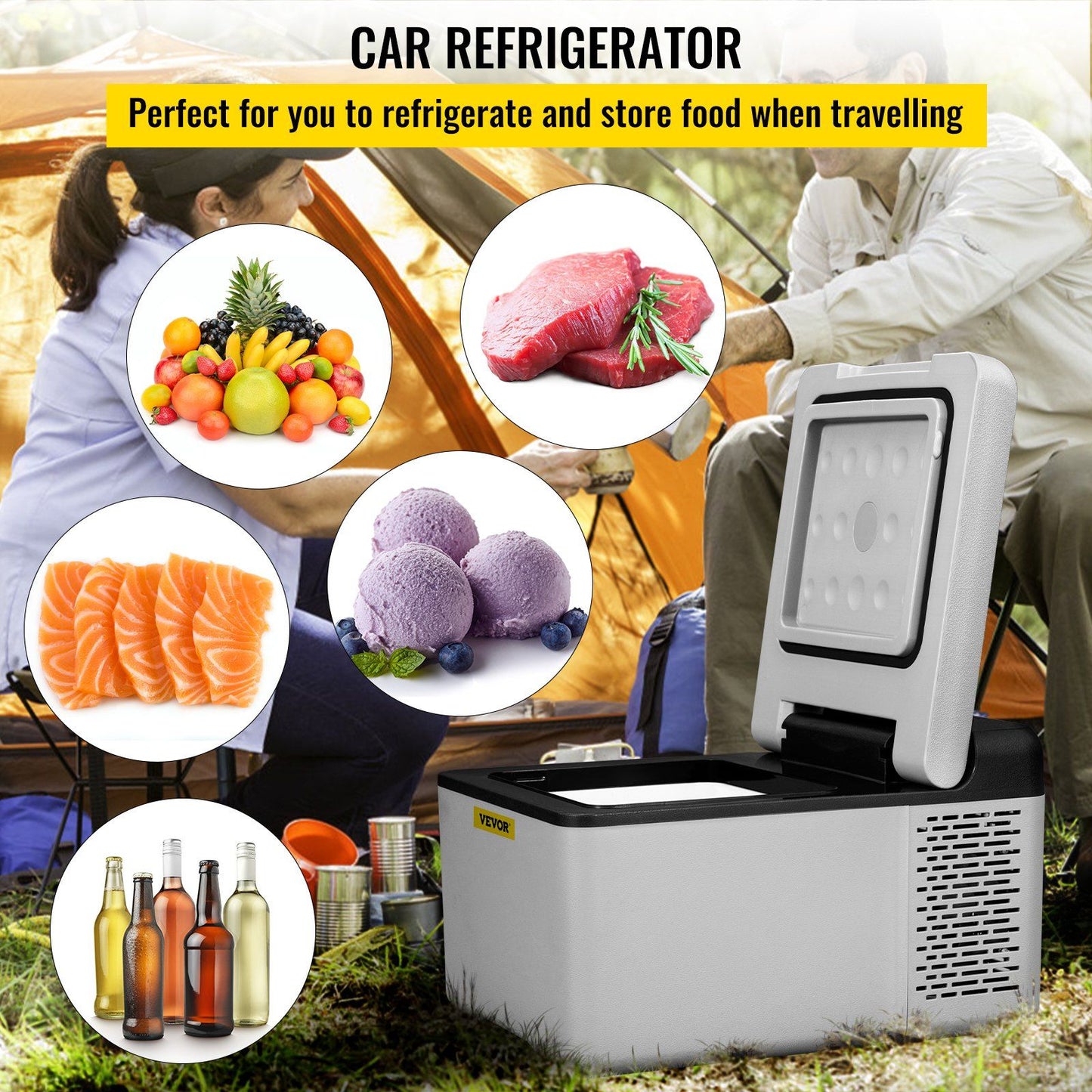 VEVOR 12 Volt Refrigerator 10 Qt, Portable Mini Freezer (-4°F~68°F) W/APP Control Car Compressor Fridge Cooler 12V/24V DC and 110-220V AC For Camping, Road Trip, Travel, Outdoor and Home