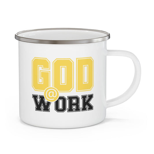 Enamel Camping Mug, God @ Work Yellow And Black Print