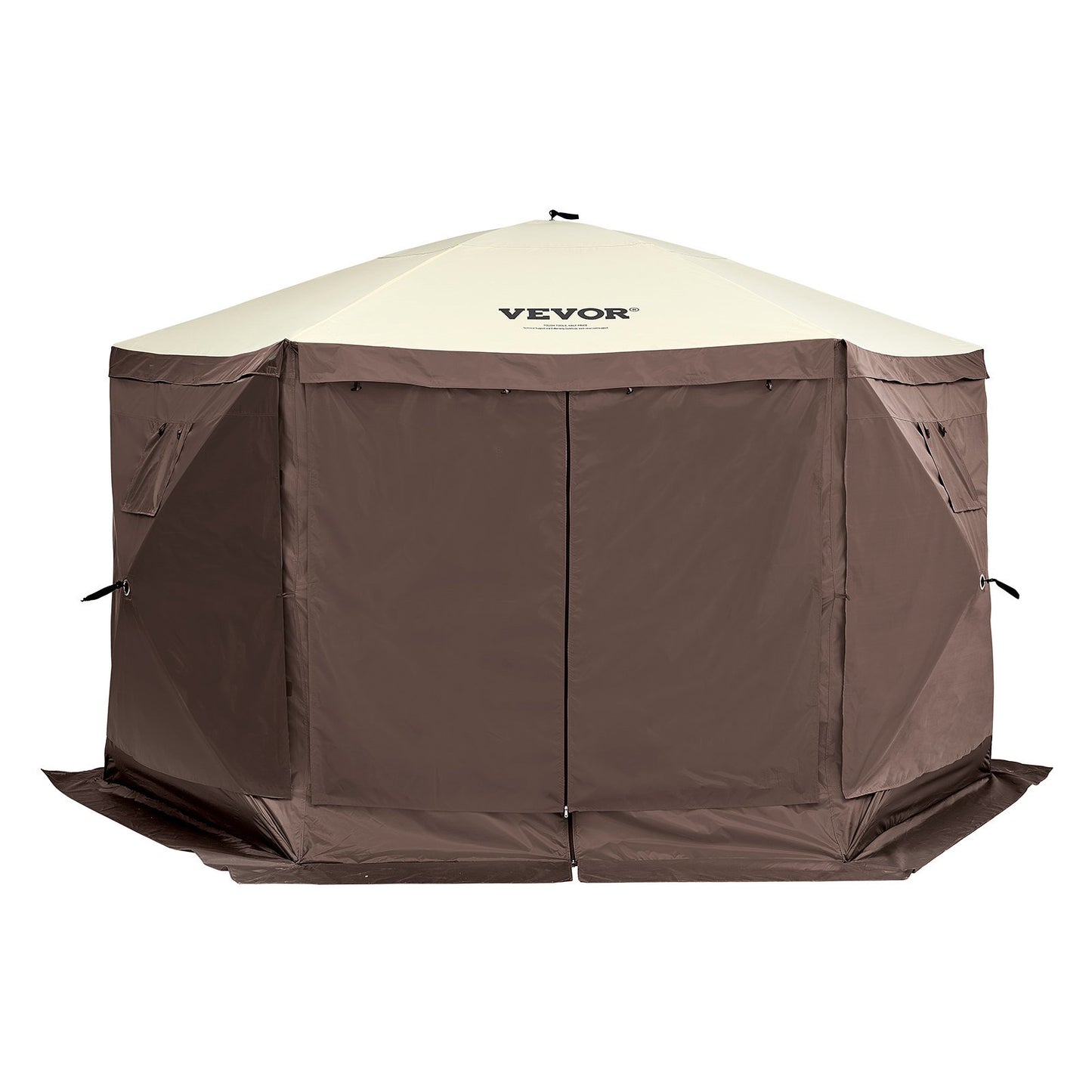 VEVOR Pop Up Gazebo Tent, Pop-Up Screen Tent 6 Sided Canopy Sun Shelter with 6 Removable Privacy Wind Cloths & Mesh Windows, 11.5x11.5FT Quick Set Screen Tent with Mosquito Netting, Brown