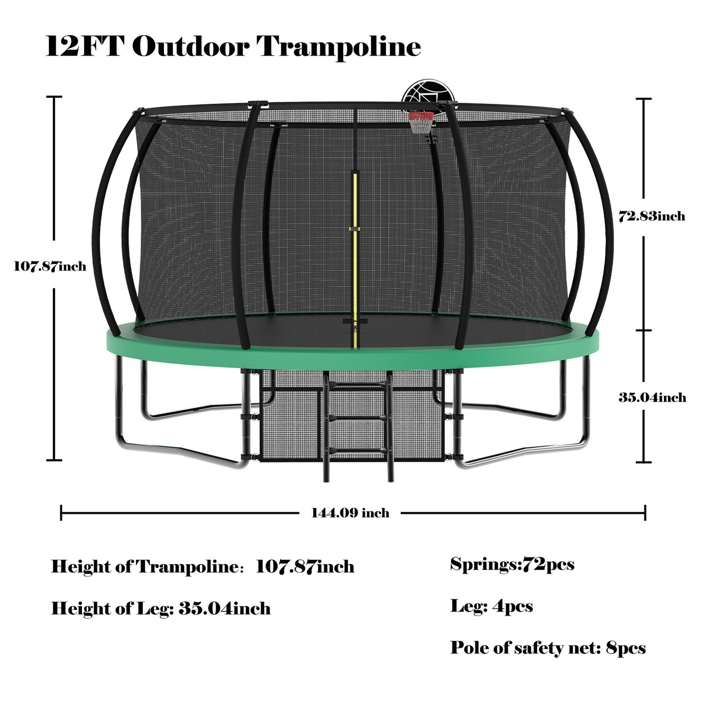 12FT Recreational Kids Trampoline with Safety Enclosure Net & Ladder, Outdoor Recreational Trampolines