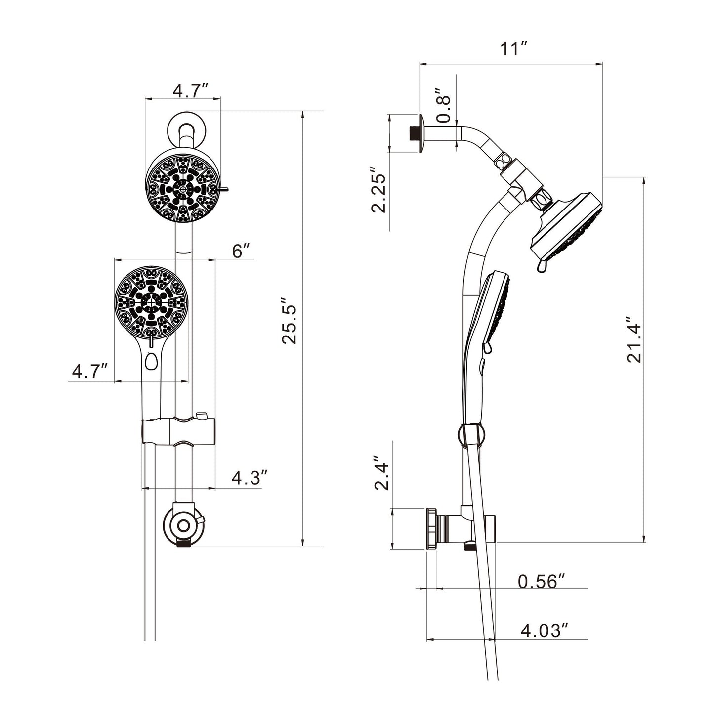 4.7in. Wall Mount Dual Multi Function ABS Round Rainfall Shower Head And Handheld Spray Set With Shower Slide Bar