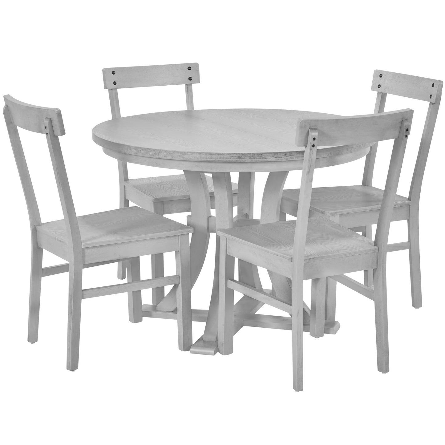 5-Piece Rustic Round Pedestal Extendable Dining Table Set with 15.7\" Removable Leaf and Simple Dining Chirs for Small Places