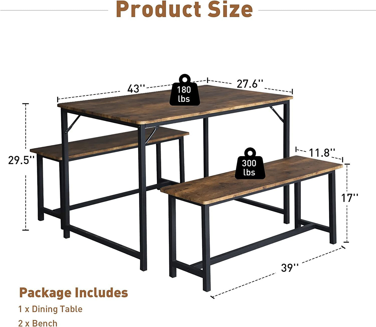 3 Piece Kitchen Table Set with 2 Benches;  Wood Dining Table Set for 4-Person Space-Saving Dinette for Kitchen;  Rustic Brown