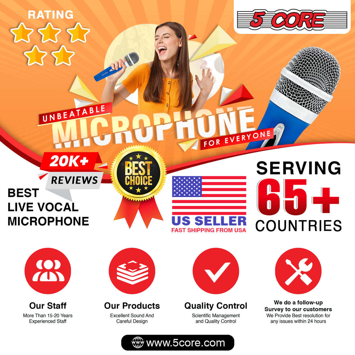 5 Core Microphone Wired Premium Vocal Dynamic Cardioid Handheld Unidirectional Mic with 12ft Detachable XLR Cable to inch Audio Jack and On/Off Switch for Karaoke Singing (Blue) PM 286 BLU