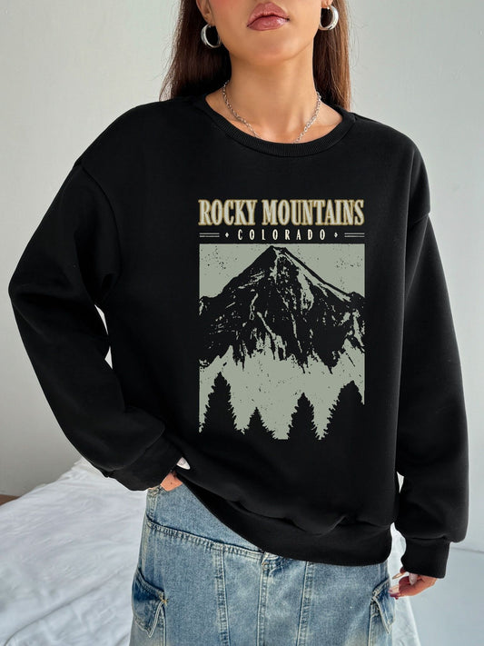 Women Basic Casual Pullover Spring Autumn Long Sleeve Snowy Mountain Printed Round Neck