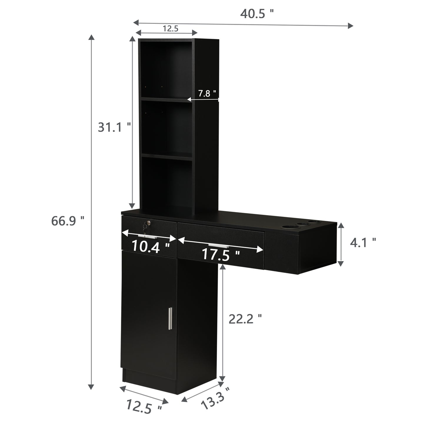 Wall Mount Hair Styling Barber Station Beauty Hair Salon Spa Equipment Set W/ 3-Tier Shelf;  Lockable Drawer;  Black XH