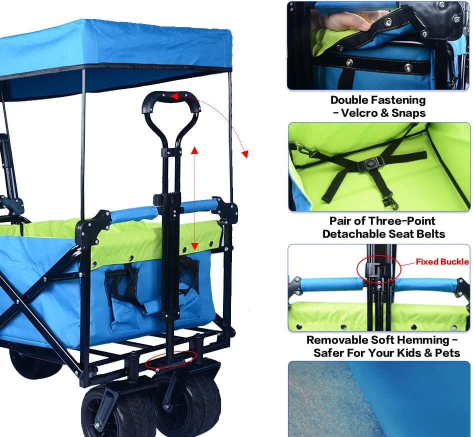 Collapsible Wagon Heavy Duty Folding Wagon Cart with Removable Canopy, 4" Wide Large All Terrain Wheels, Brake, Adjustable Handles,Cooler Bag Utility Carts for Outdoor Garden Beach