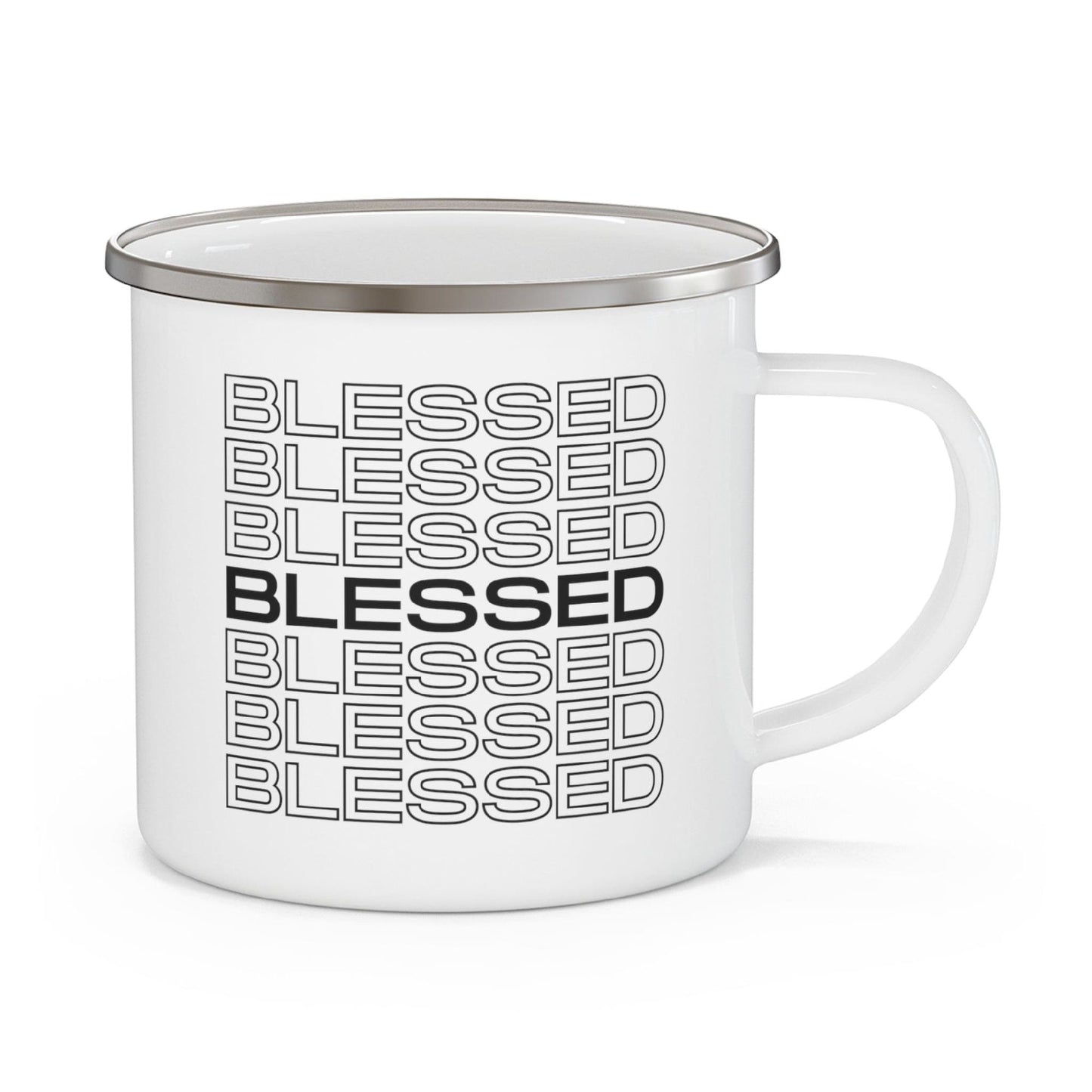 Enamel Camping Mug, Stacked Blessed Print - Inspirational Affirmation - Black