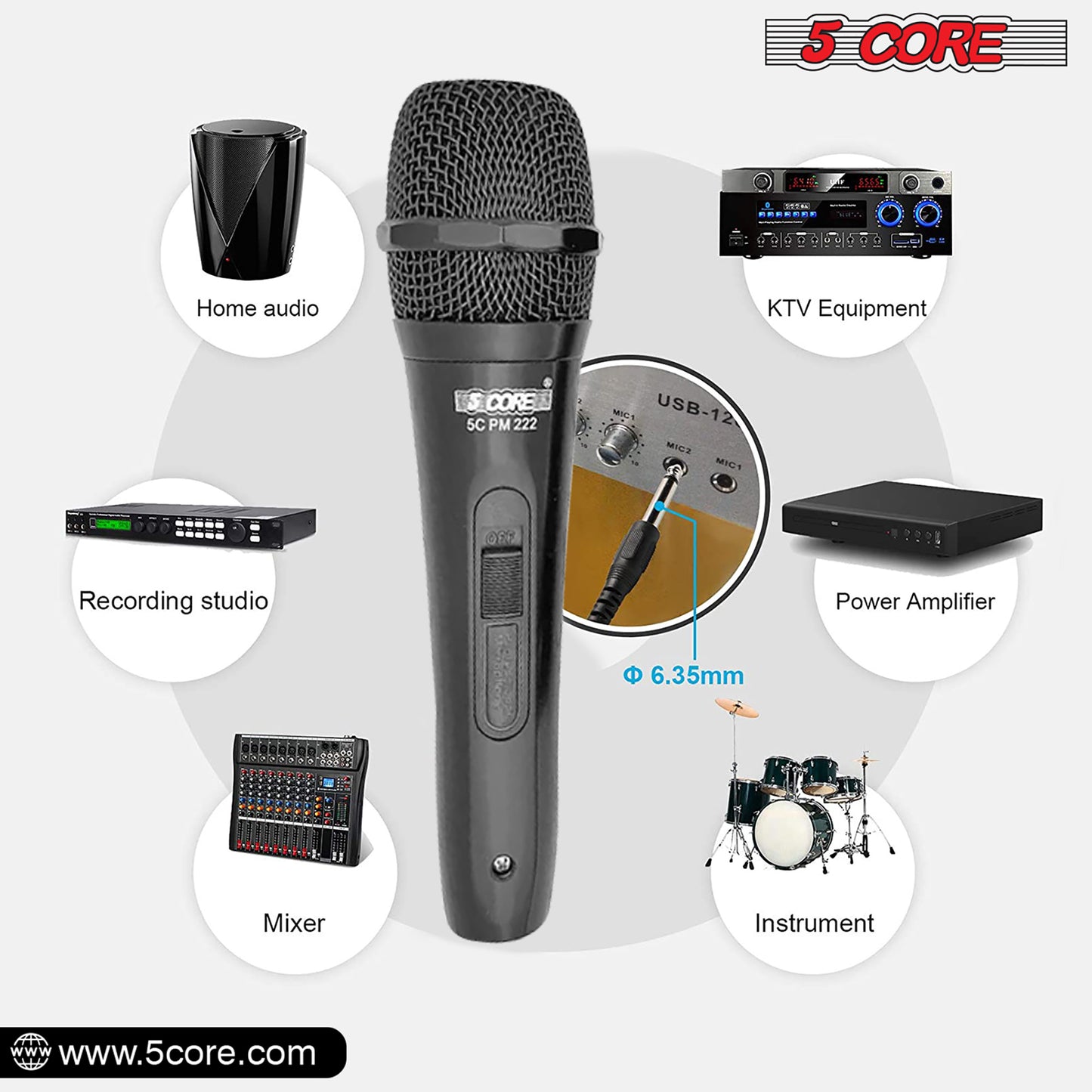 5 Core Microphone XLR Dynamic Mic Karaoke Singing Handheld Microfono Wired Professional Unidirectional 1/4 Plug In Cord Connection for Vocal DJ Music - PM-222