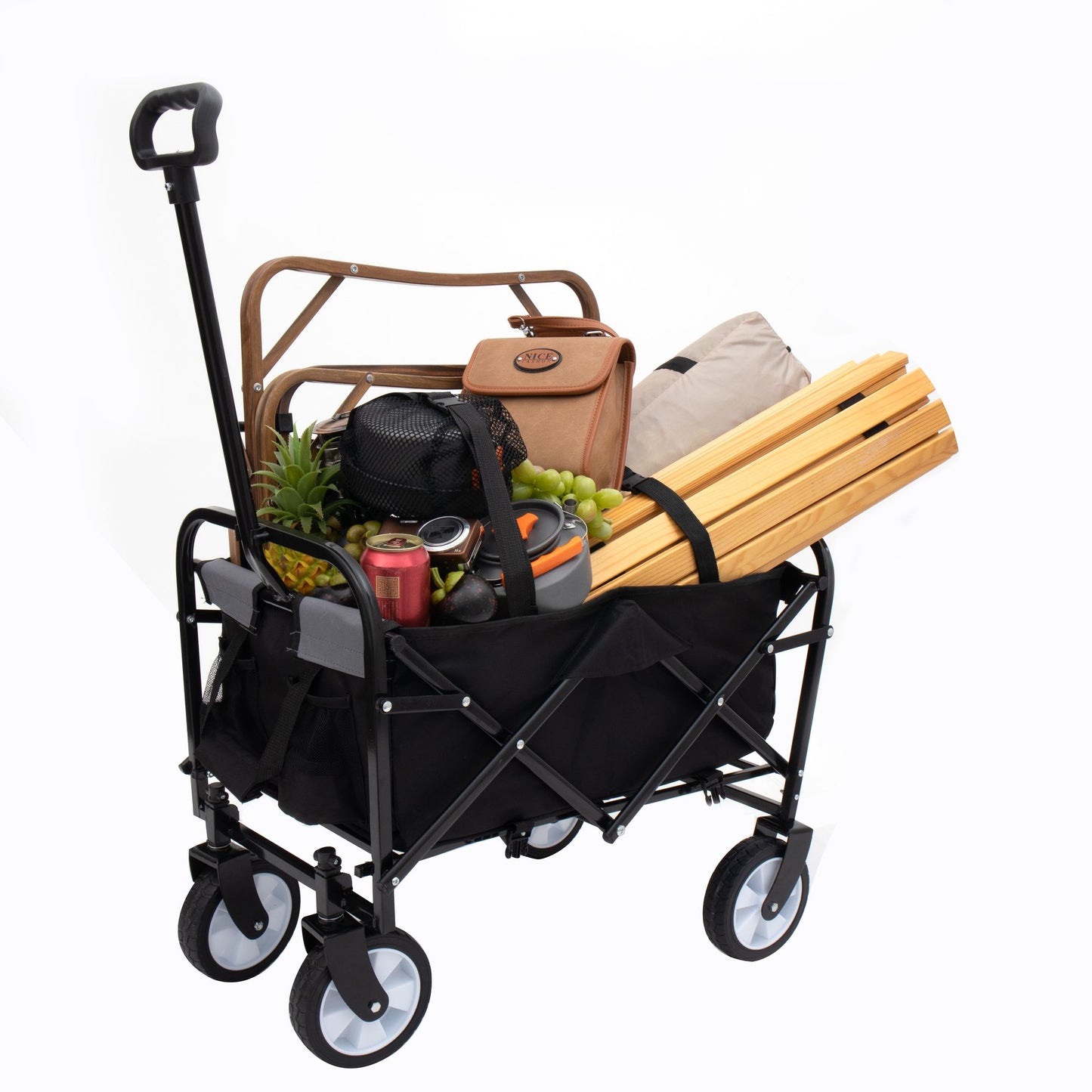 Collapsible Foldable Wagon Cart with strapping system, Beach Wagon , Utility Cart , Utility Wagon Grocery Cart for Camping Shopping Sports Gardeing Fishing Supports 225lbs All-Terrain Wheels black