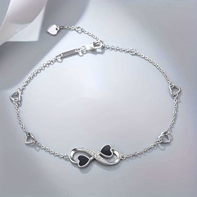 Infinite Love Heart Anklet - Sterling  Silver with Black Enamel Hearts