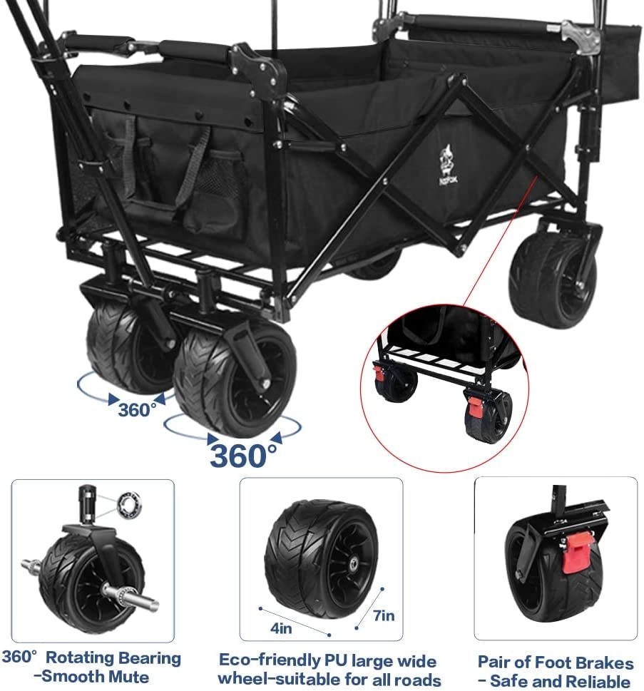 Collapsible Wagon Heavy Duty Folding Wagon Cart with Removable Canopy, 4" Wide Large All Terrain Wheels, Brake, Adjustable Handles,Cooler Bag Utility Carts for Outdoor Garden Beach