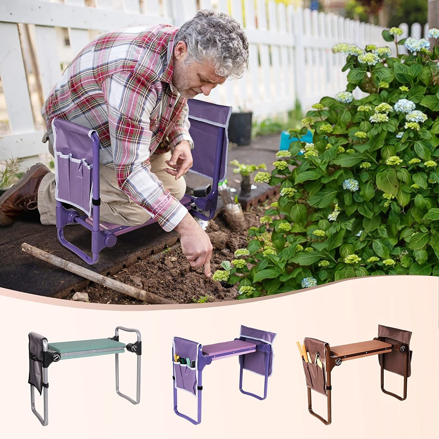 Heavy Duty Widen Garden Kneeler and Seat Bench Folding Garden Workseat with EVA Foam Kneeling Pad and Dual Pouch