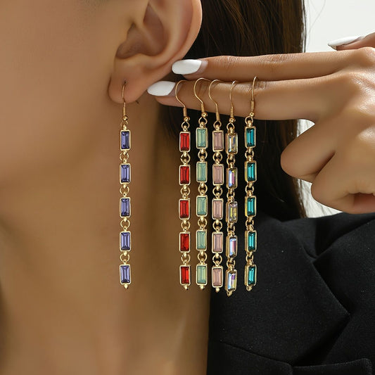 "14k Gold Plated Multi-Gemstone Drop Earrings with Colored  Glass Stones - Elegant and Chic Long Chain Dangles"