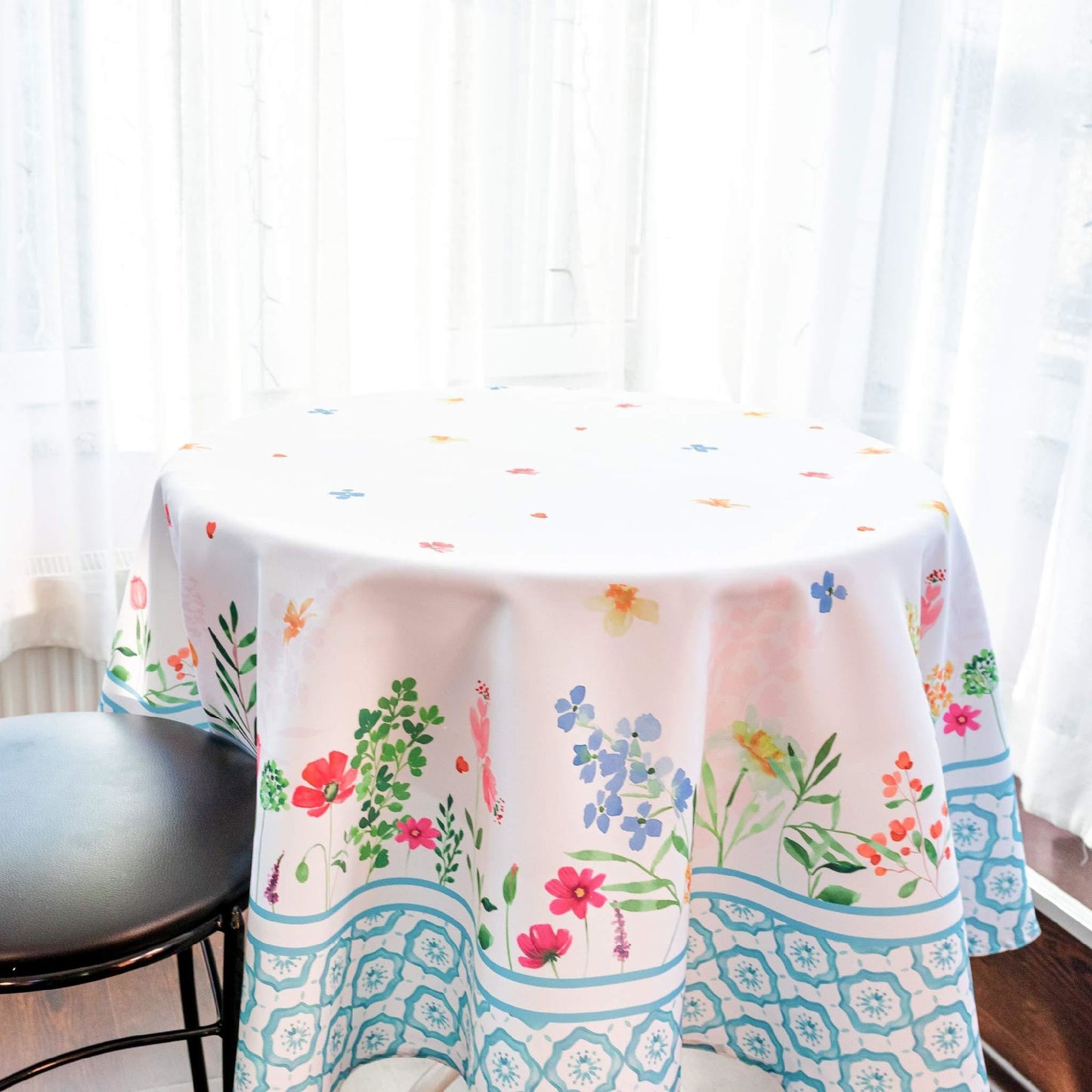 Floral Coloring Round Easter Tablecloth Non Iron Stain Resistant Table Cover Diameter 60 inch