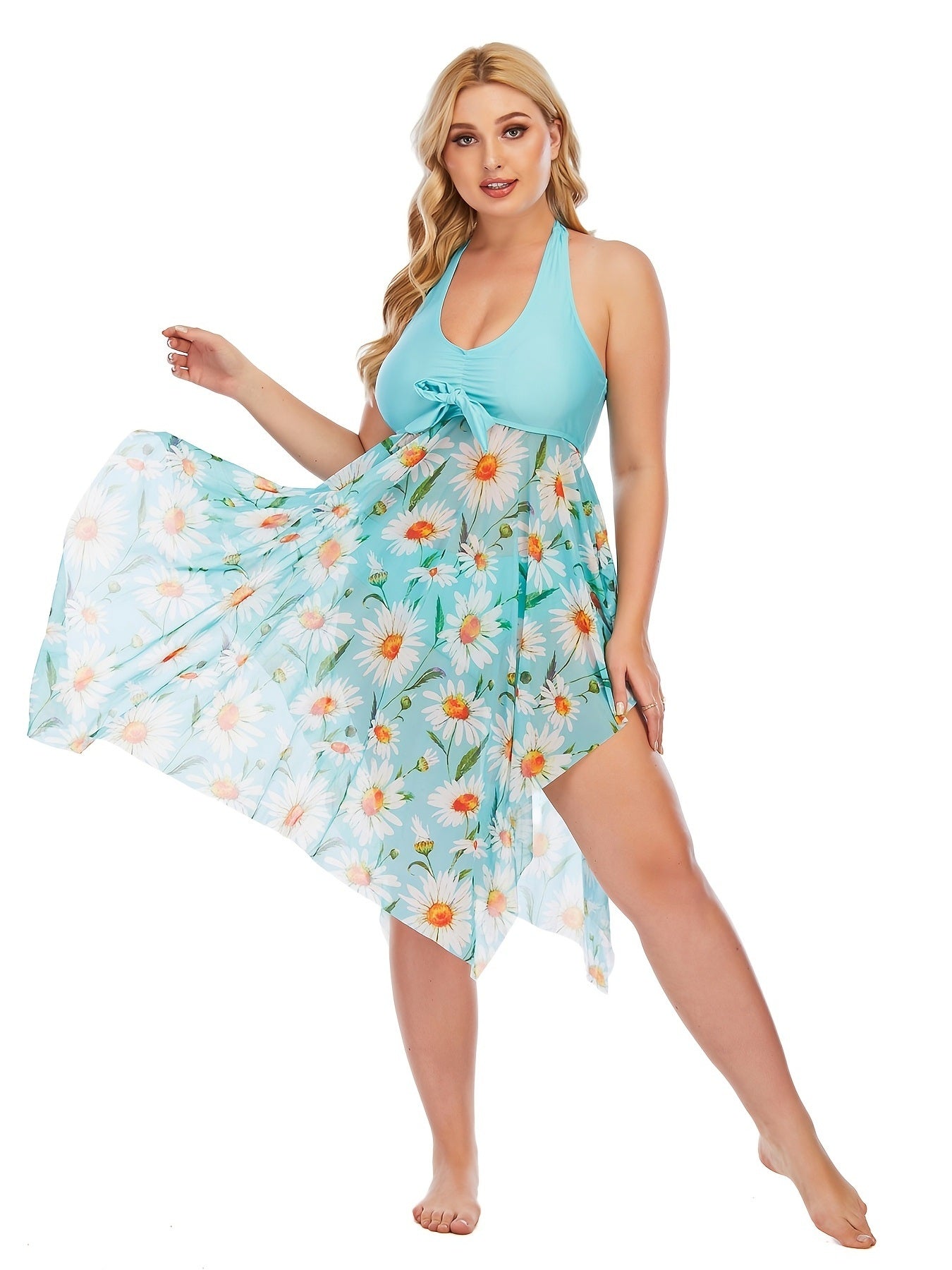 Plus Size Floral Print Irregular Hem Dress & Panty Swimsuit Set; Women's Plus Medium Stretch Elegant Swimsuit 2pcs Set