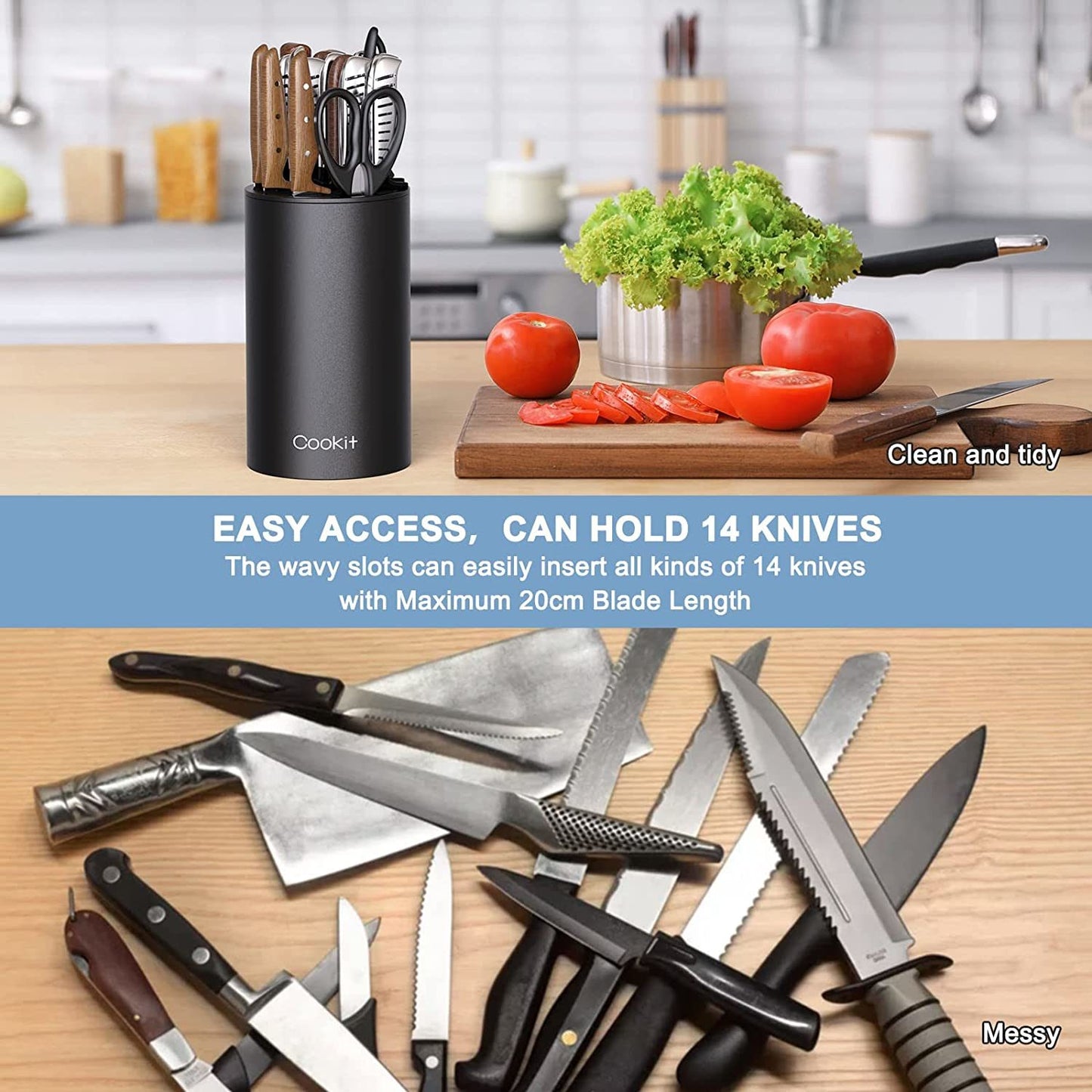 Knife Block Holder, Cookit Universal Knife Block without Knives, Unique Double-Layer Wavy Design, Round Black Knife Holder for Kitchen, Space Saver Knife Storage with Scissors Slot