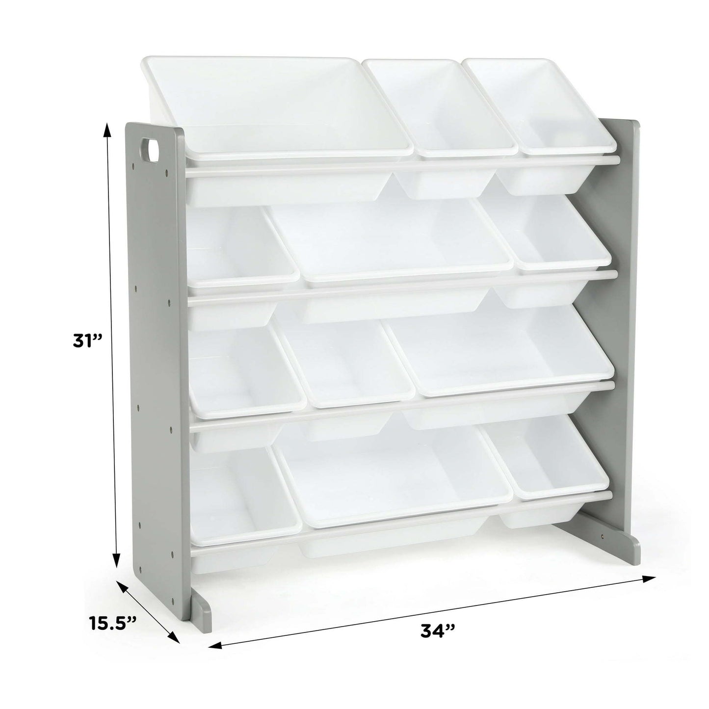 Children Wood and Plastic Organizing Rack with 12 Bins, Gray and White