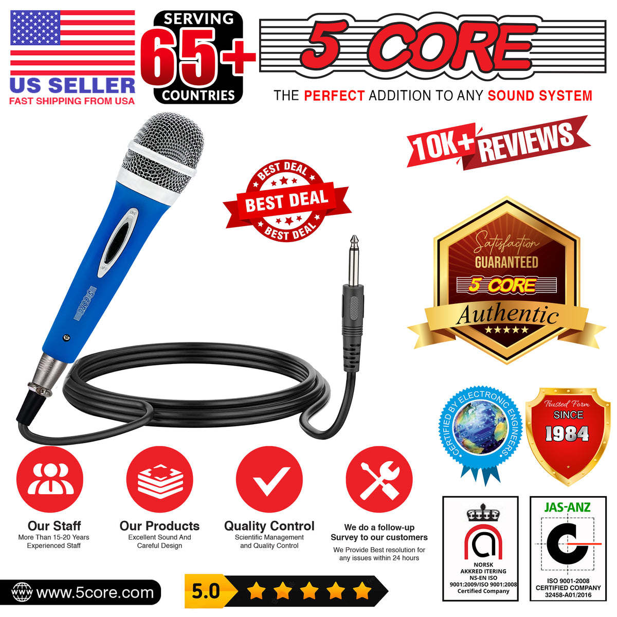 5 Core Microphone Wired Premium Vocal Dynamic Cardioid Handheld Unidirectional Mic with 12ft Detachable XLR Cable to inch Audio Jack and On/Off Switch for Karaoke Singing (Blue) PM 286 BLU