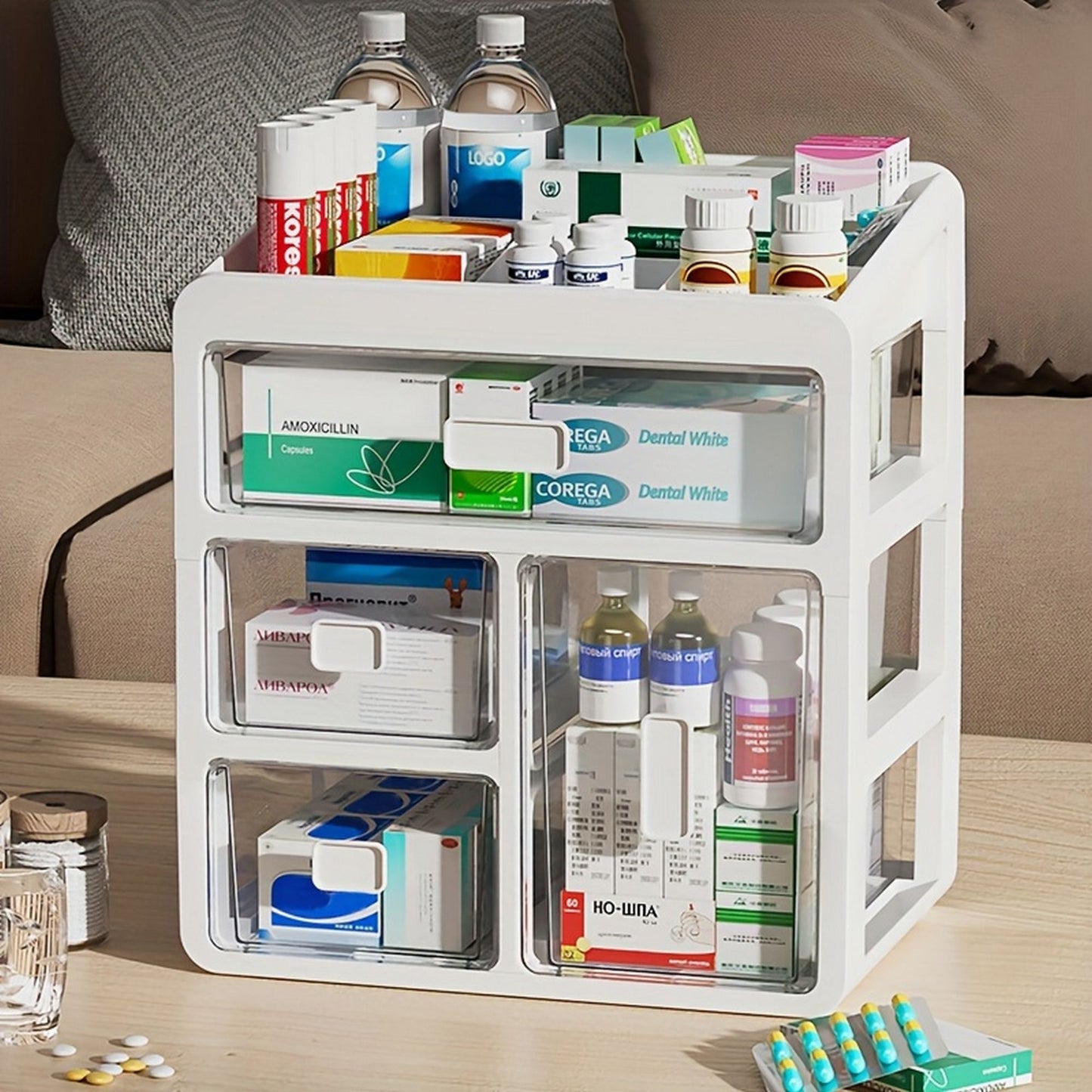 Large capacity family medicine box - spacious storage space with easy to access drawers, orderly classification, sturdy multi-layer structure, suitable for medical and drug storage