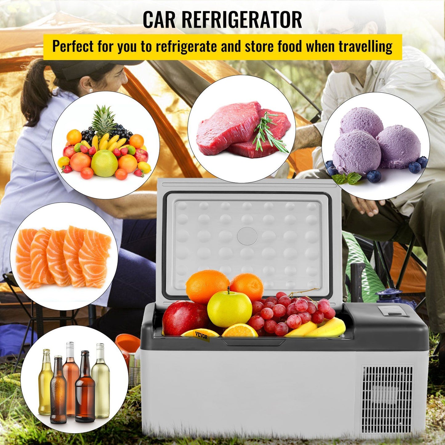 VEVOR 12 Volt Refrigerator 16 Qt, Portable Mini Car Fridge w/ -4°F-68°F Cooling Range & App Control 12/24V DC & 110-240V AC Electric Compressor Cooler for Truck Vehicle RV Boat Outdoor & Home Use